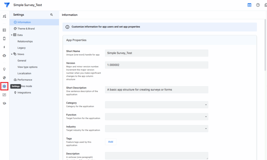 AppSheet Settingsタブ