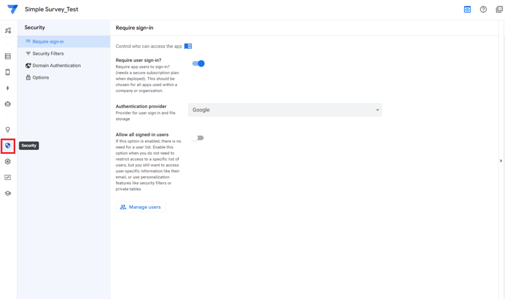 AppSheet Securityタブ