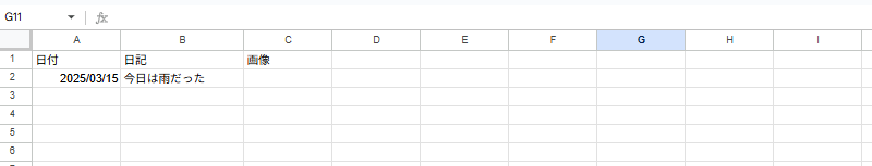 AppSheet自作サンプルの登録後のスプレッドシート